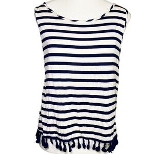 Everly Navy and White Striped Women's Tank Top with Tassels